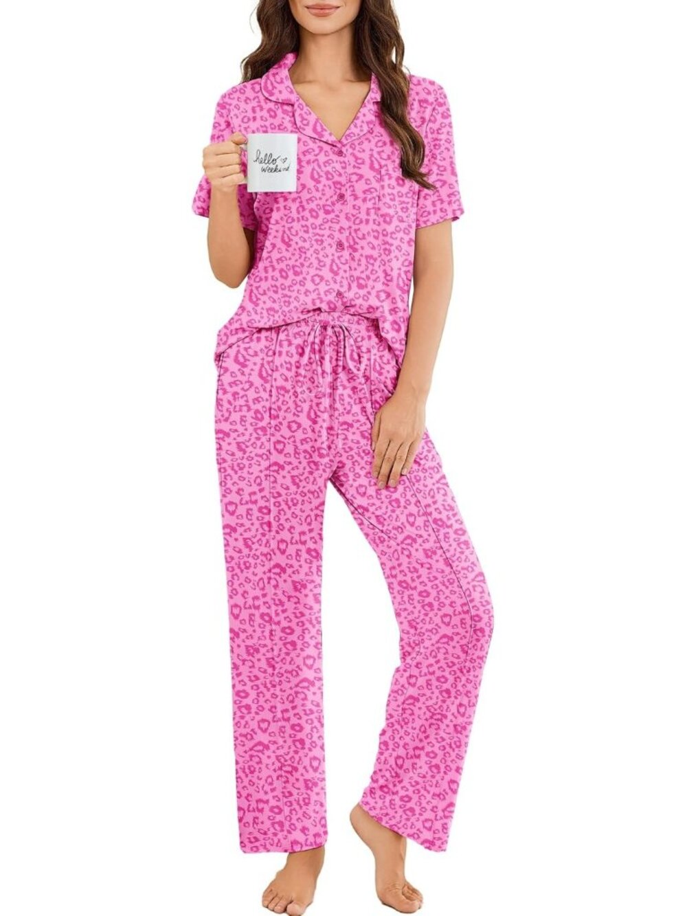Women Hot Pink Leopard Print Button Up Short Sleeve Shirt Sleepwear Pajamas Set